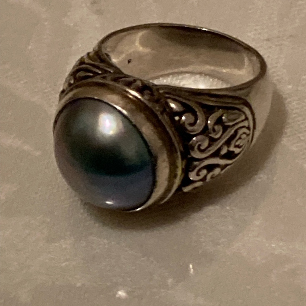 Unisex STERLING SILVER/Blue MABE PEARL RING, Size 7.5 NWOT